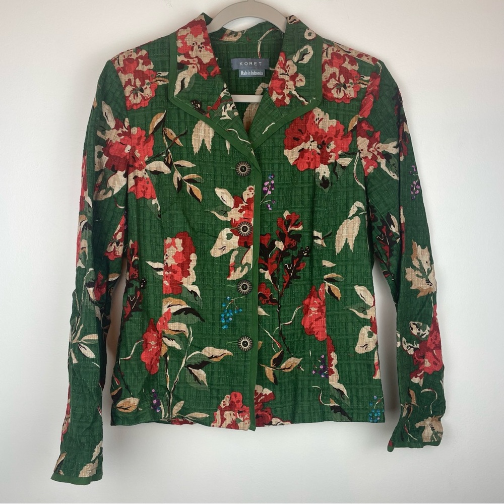 Koret Green Floral Button Up Blouse Red & Cream Print Size Small